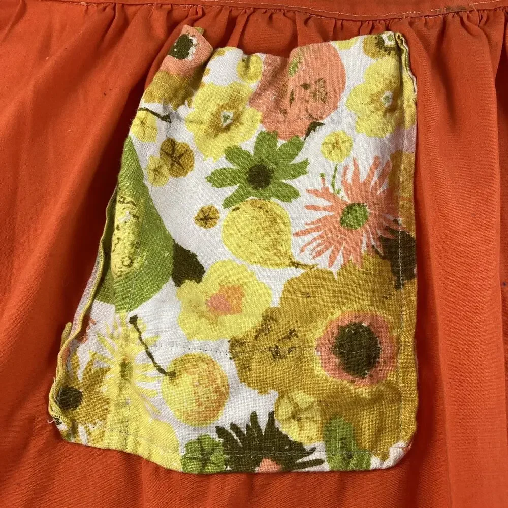 Retro Orange Kitchen Apron Handmade Floral Pocket Short Waist Tie Vintage